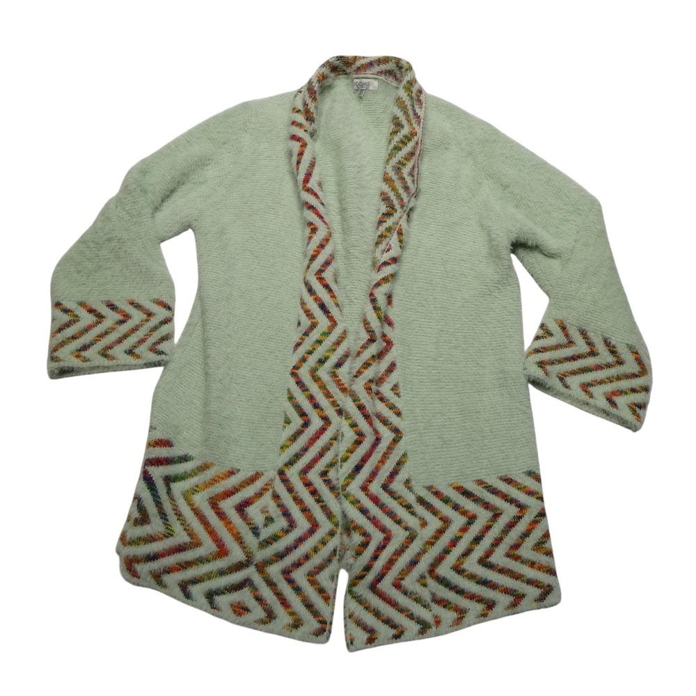 Oceanus Sweater Womens‎ Medium Green Open Front Longline Cardigan Fuzzy Chevron